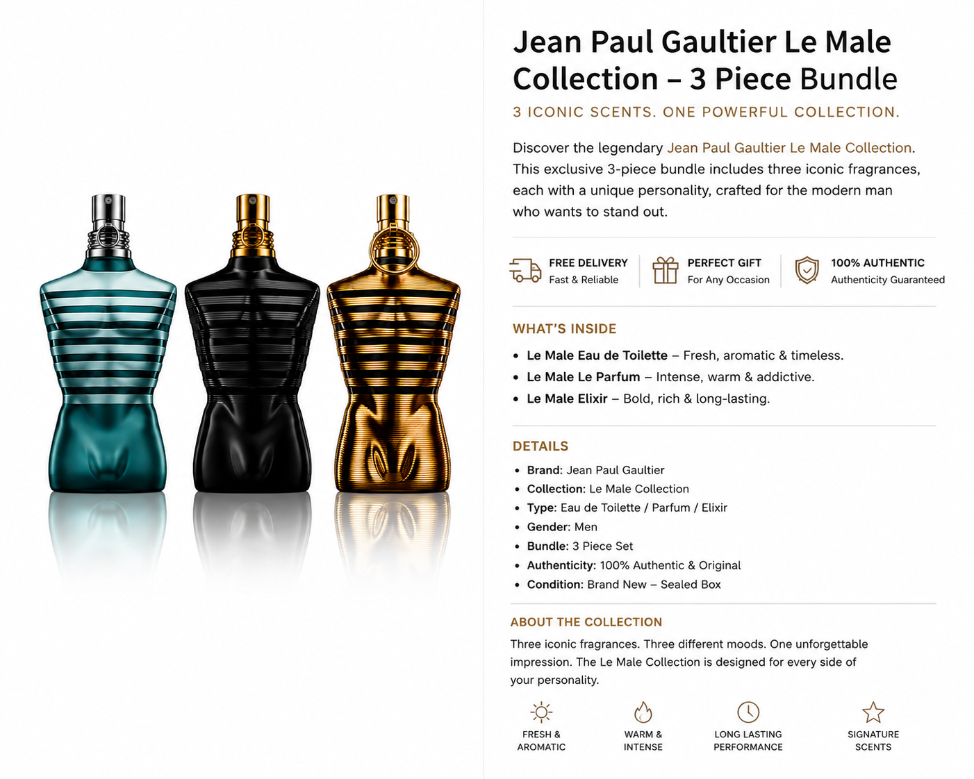 Jean Paul Gaultier Le Male Collection – 3-Piece Fragrance Bundle | 125ML Each