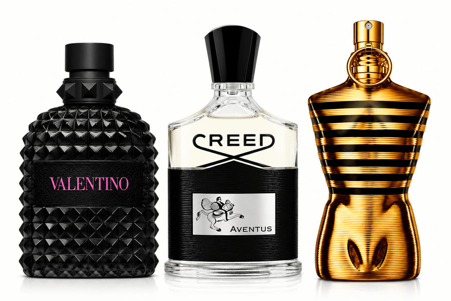 Le Male Elixir 125ml + Valentino Uomo Born in Roma Extradose 100ml + Creed Aventus 100ml — 3-Piece Luxury Fragrance Bundle (Best Seller)